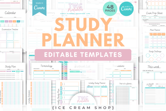 Download Study Planner Canva Templates | ICE CREA - Planner canva templates Collection
